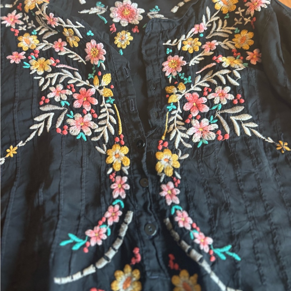 Johnny Was Black Blouse with Floral Embroidery